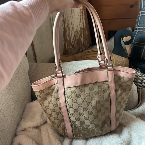 š„³HPš„³ Gucci GG pink bubble gum and tan canvas small leather trim tote bag - Picture 3 of 16